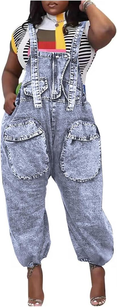 Lachmose Womens Overalls Denim Loose Fit Wide Leg Bib Baggy Jeans Jumpsuit Comfy (X-Large, 2light Blue2)