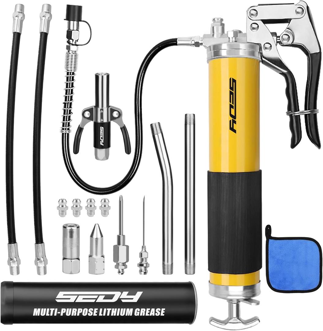 17-Piece Heavy Duty Grease Gun Kit: 14oz Grease Tube Flexible Hose Bearing Grease Pump 8000 PSI Pistol Grip Grease Guns Tool Marine Durable Connectors Adapters Extension Tubes Nozzle Easy Operation