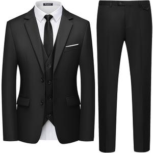 WULFUL Men's 3 Piece Slim Fit Suit Set Two Button Blazer Jacket Vest Pants Tuxedo Set for Party, Wedding and Business (Medium, Black)