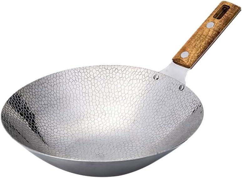 Cabilock Stainless Steel Wok with Wooden Handle 10.2 Inch Frying Pan for Stir Fry Cooking Kitchen Cookware Pot for Home and Restaurant Use