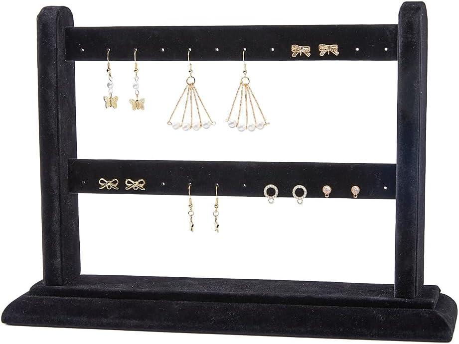 SUPERFINDINGS 1Pc Black Velvet Earring Display 2-Tier Wood Covered Earring Jewelry Display Stand Earring Organizer Holder for Earring Studs, Hole: 1.5mm