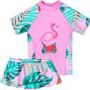 BAOHULU Girls Two Piece Swimsuits Rash Guard Ruffle Bikini Skirt Short Sleeves Beach Dress Swimwear UPF 50+ 3-12Y (11-12 Years, Flamingopink)