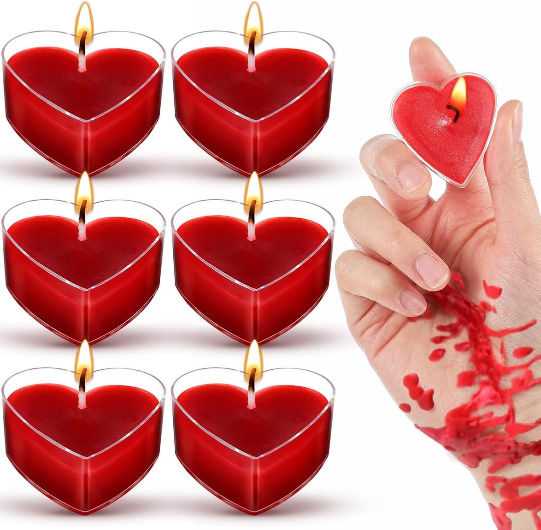 6 Pcs Low Temperature Candles, Romantic Heart Candles Body Safe Wax Low Heat Smokeless Unscented Tea Lights for Anniversaries Decor(Red)