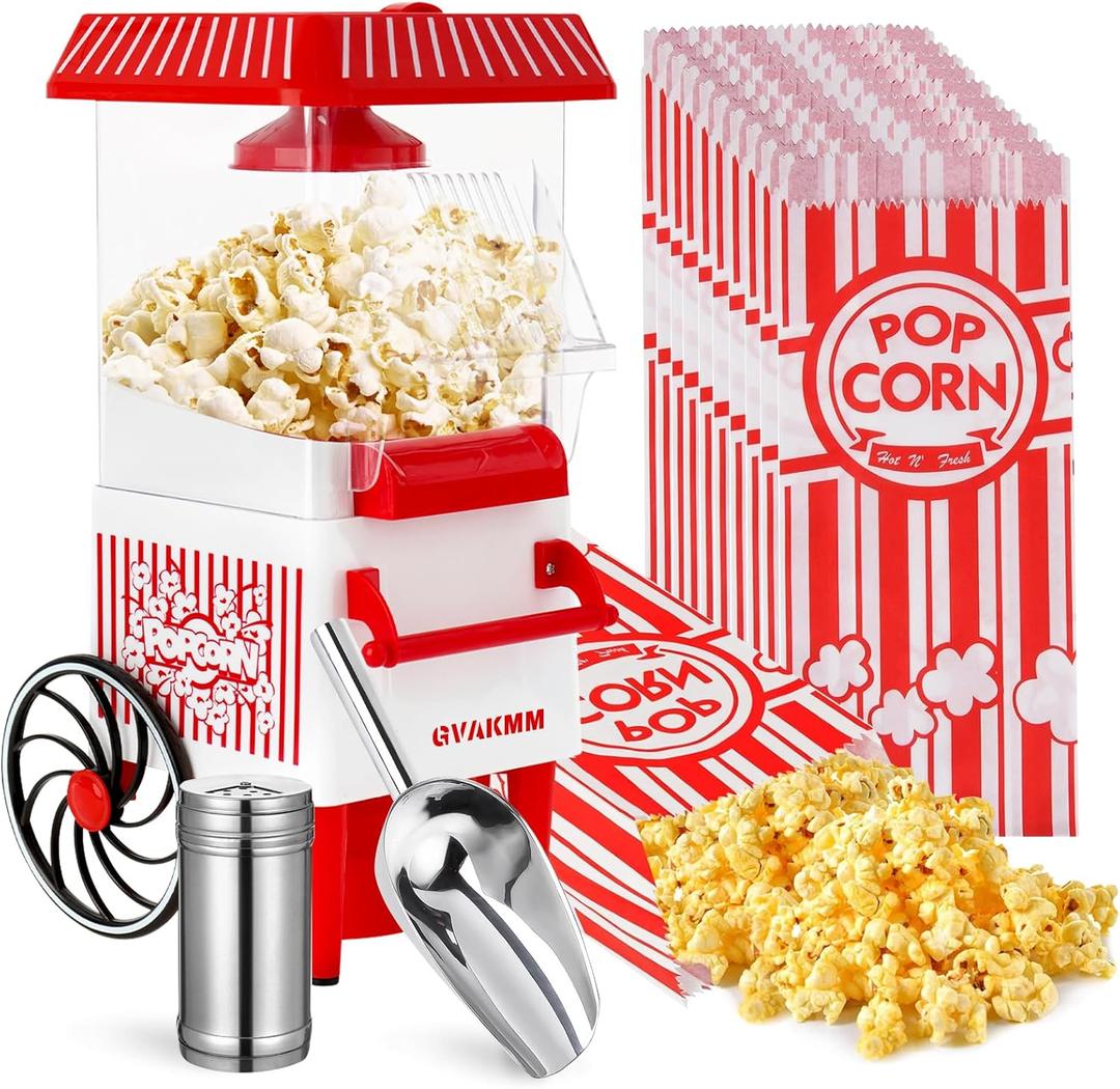 Popcorn Machine, Hot Air Popcorn Maker Kit Gift Box, Portable Home Popcorn Popper Machine, 10-Cup,Oil-Free,Retro Style,Compact and Cute (White/Red)