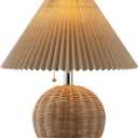 JONATHAN Y 17.25" Natural/Chrome/Dark Beige Sphere Table Lamp, Mid-Century Bedside Nightstand with Beige Pleated Linen Shade, Scandinavian Coastal Style, LED Bulb Included (JYL1145C)