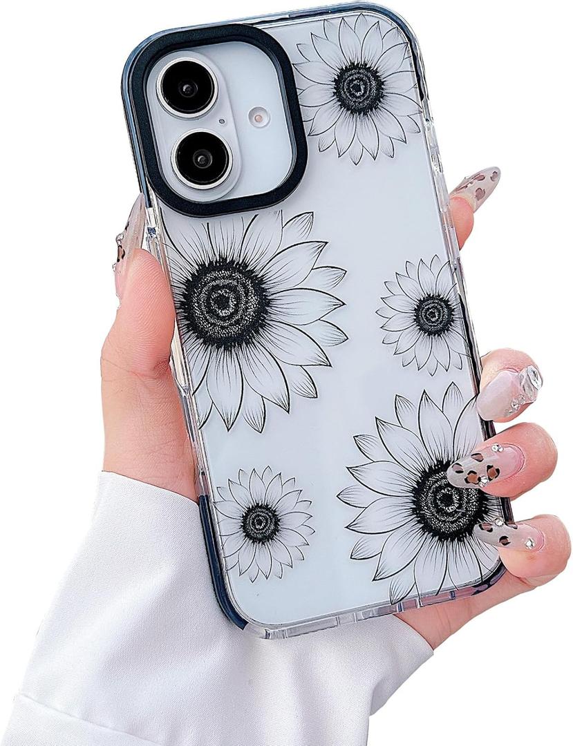 Floral phone case for iPhone 16, transparent floral pattern design, stylish protective case for women and girls, for iPhone 16 - black sunflower 2 Pack