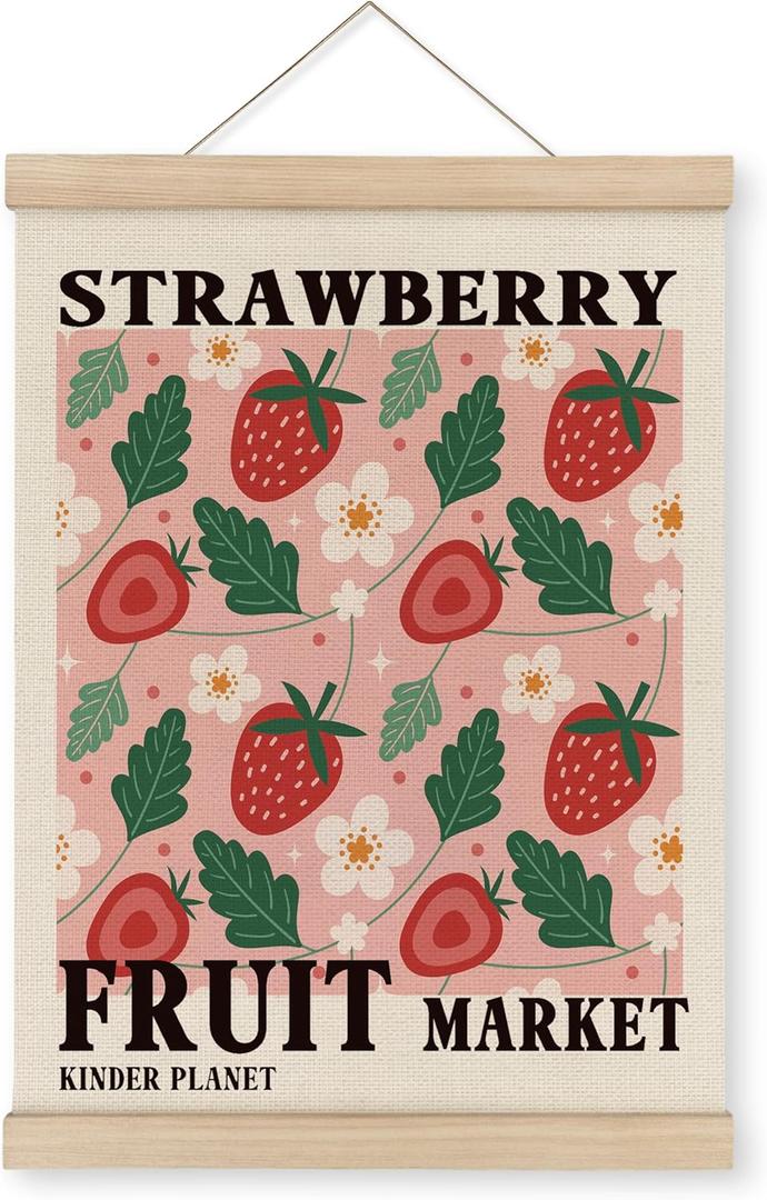 MAQIKA Fruit Market Strawberry Poster Framed with Wood Hanger, Strawberry Wall Decor, Funky Fruit Hanging Wall Decor, Modern Pink Canvas Wall Art for Kitchen Kids Bathroom Girl Room 12x16 Inch