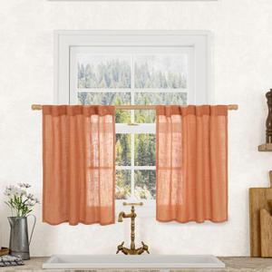 LAMIT 36 Inch Length Linen Curtains for Small Windows, Semi Sheer Light Filtering Panels Back Tab and Rod Pocket Country Decor Drapes for Basement/Kitchen, Burnt Orange, 2 Panels, 34 x 36 Inch