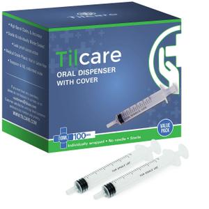 10ml Oral Dispenser Syringe with Cover 100 Pack by Tilcare - Sterile Plastic Medicine Droppers for Children, Pets & Adults  Latex-Free Medication Syringe - Syringes for Glue and Epoxy