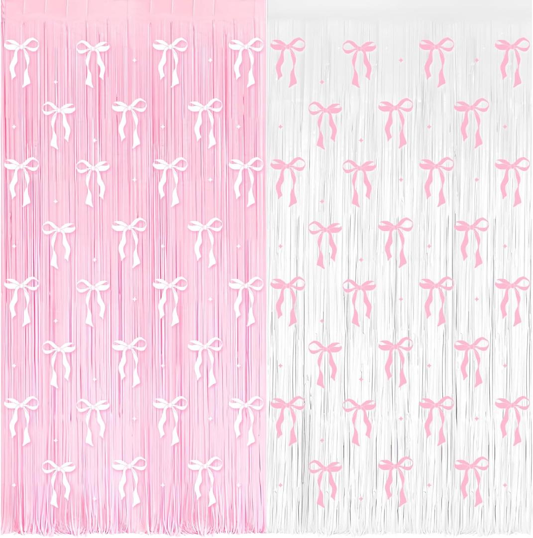 4 Pack Pink Bow Party Backdrop Decoration Pink Bow Foil Fringe Curtains for Girls Bow Birthday Baby Shower Decorations Bridal Shower Bachelorette Party Decor Supplies 3.2ft X 8.2ft