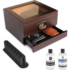 CASE ELEGANCE Glass Top Cigar Humidor with Thick Cedar, Easy humidification System, Accurate Digital Hygrometer - Renzo, Brown