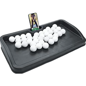 Heavy Duty Rubber Ball Tray with Cell Phone Holder - Record Golf Swing - 100 Ball Capacity - Compatible with All Hitting Mats