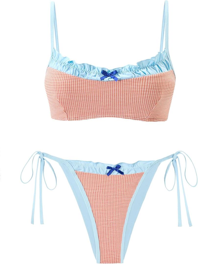 ZAFUL Bikini Sets for Women Plaid Ruffles Trim Swimsuit Sexy Tie Back Bowknot Triangle High Cut Tie Side Thong Bathing Suit (M)
