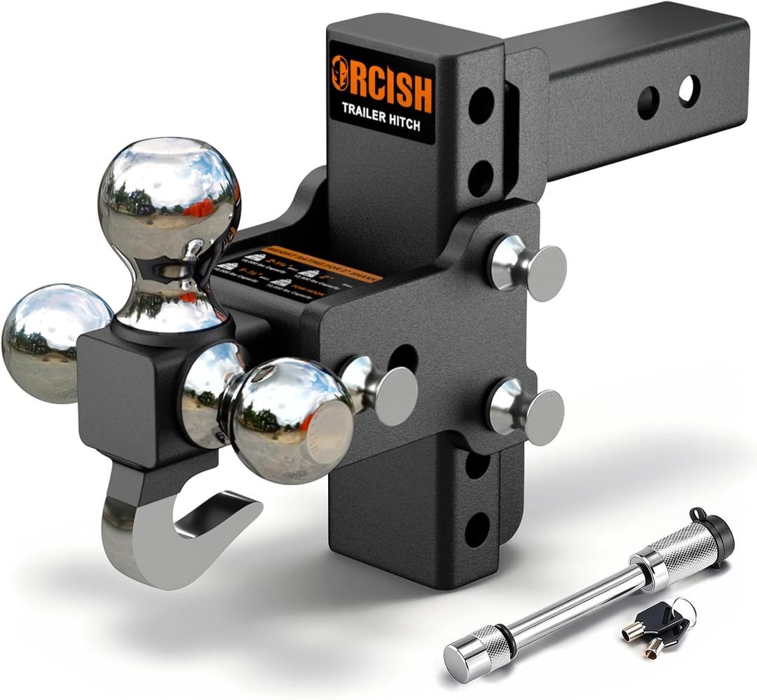 Adjustable Trailer Hitch, 360° Swivel Tri Ball Mount with Tow Hook & Lock
