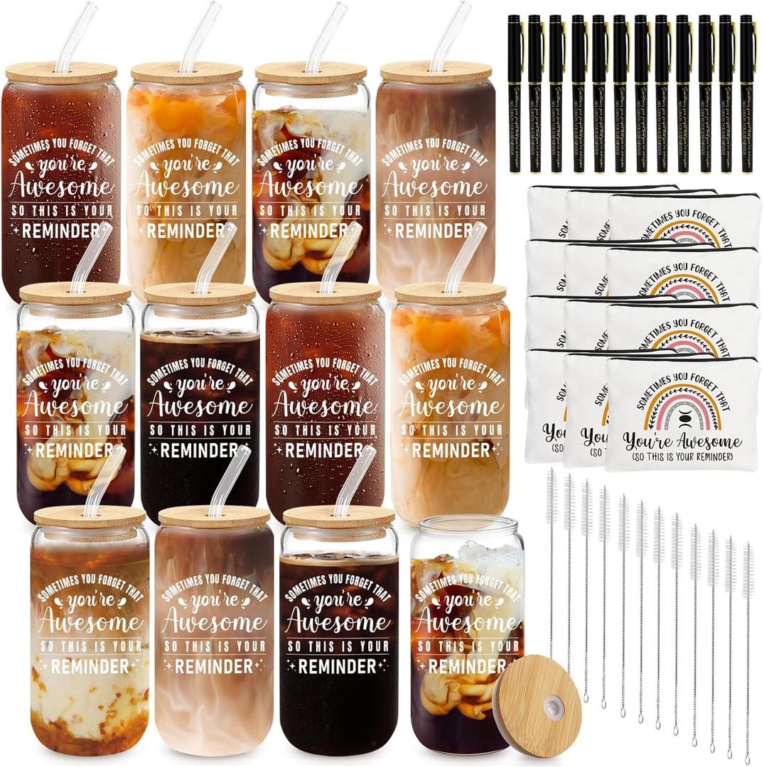 12 Set Employee Appreciation Gifts Thank You Gifts Bulk for Coworker Staff Teacher Nurses, Thank You Glass Cups 16 oz Can Shaped Beer Glass Makeup Bag Ballpoint Pen for Women Men (Sometimes)