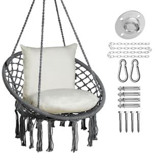 JoyView Macrame Hammock Chair Hanging Swing Chair Max 330 Lbs with 2 Cushions and Hardware Kits for Indoor Outdoor Bedroom Patio Garden - Dark Grey