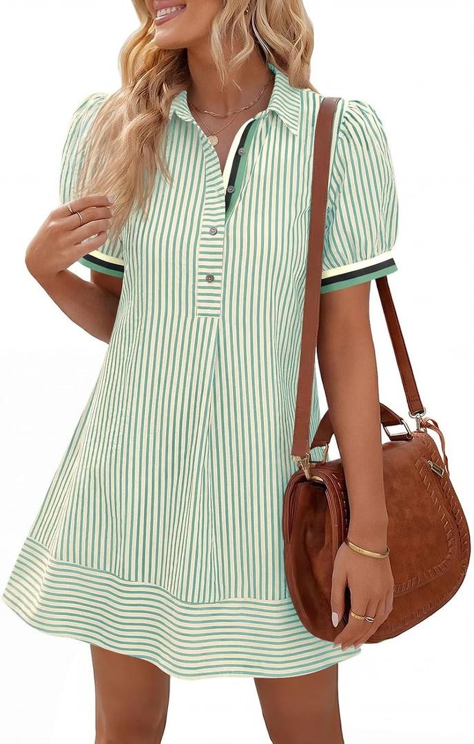 Wenrine Womens Summer Striped Mini Dresses Puff Short Sleeve Loose Fit Casual Button Collared Shirt Dress with Pockets, Light Green, Large