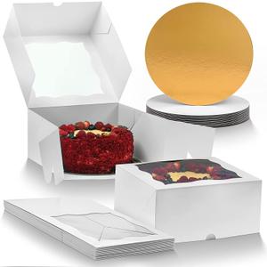 Premium Cake Boxes with Cake Boards Set - 12 Front-Loading Sturdy Cardboard Cake Boxes 10", 12 White/Gold Greaseproof Boards 10 Inch - Window Cake Box Set