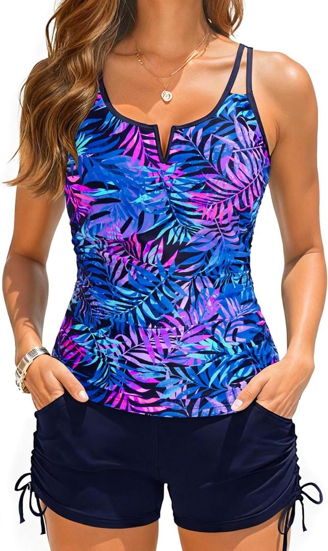 Womens Tankini Swimsuits with Shorts - 2 Piece Tummy Control Bathing Suit V-Wire Drawstring Swimwear with Pockets 2026 (Medium, Blue Purple Leaves)