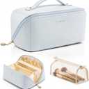 VLANDO Makeup Bag,Travel Toiletry Bag,Cosmetic Bag for Women PU Leather Portable Make up Bag for Skincare, Brushes & Travel Essentials-Baby Blue