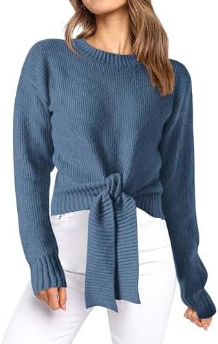 Okiwam Women's Long Sleeve Cropped Sweaters Casual Knit Pullover Tie Front Crew Neck Fall Outfits Fashion Clothes 2025(Size XL) Dark Blue