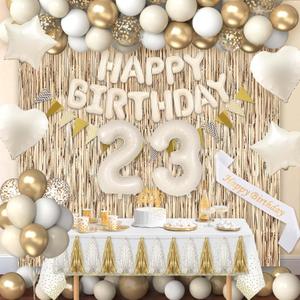 23rd Birthday Decorations for Women, White and Gold 23 Boho Birthday Party Supplies Includes Number Balloons, Banner, Fringe Curtain, Cake Topper