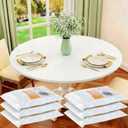 Boao 6 Pcs 60 Inch Round Plastic Fitted Tablecloth with Elastic Edge Design Waterproof Table Cover Plastic Tablecloth Protector for Thanks Giving Christmas Party Table (White)