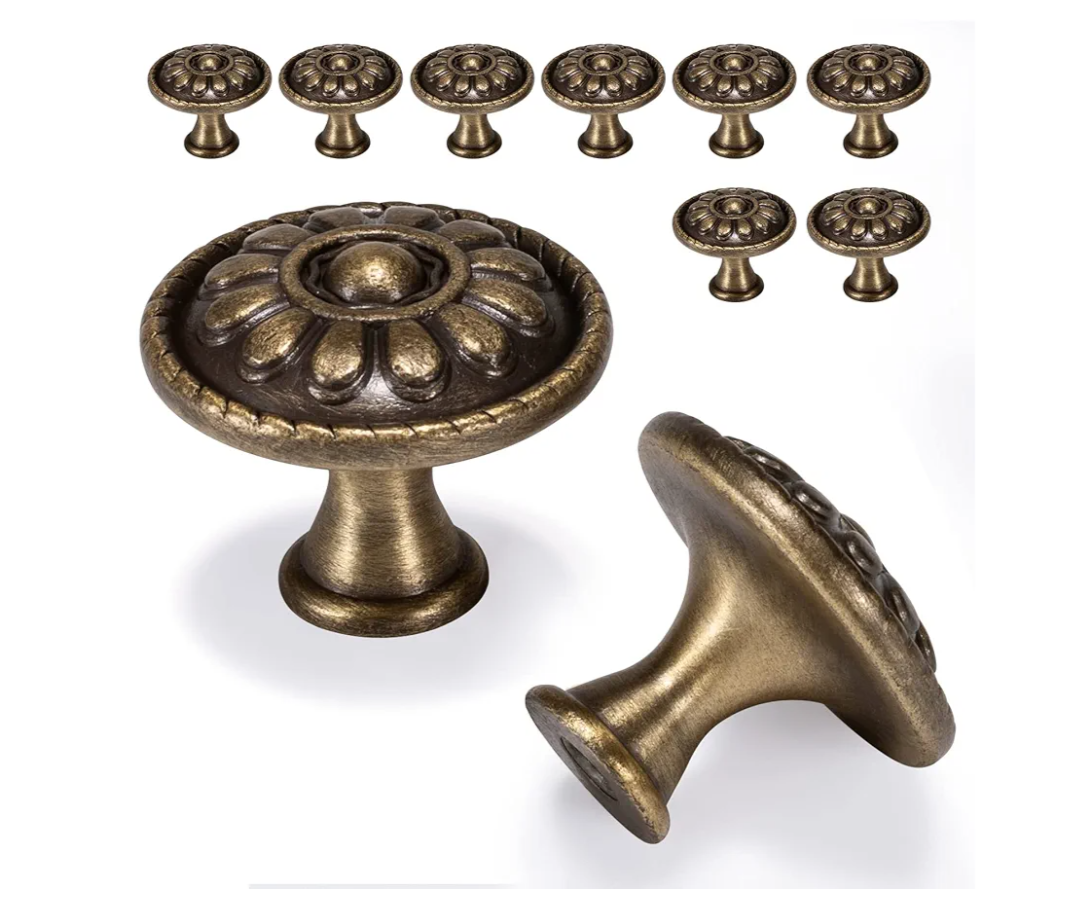 10 Pack Antique Brass Cabinet Knobs, Vintage Retro Drawer Knobs, Solid Round Dresser Knobs for Nightstands Single Hole Cabinet Hardware, Diameter 1.18in