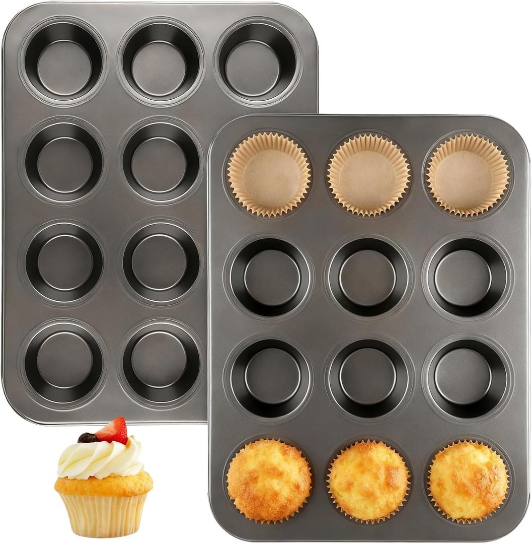 2 Pack Muffin Pan Set,12 Cup Nonstick Carbon Steel Cupcake Pan with 100 Liners,Standard Muffin Tin for Cupcakes and Baking Supplies