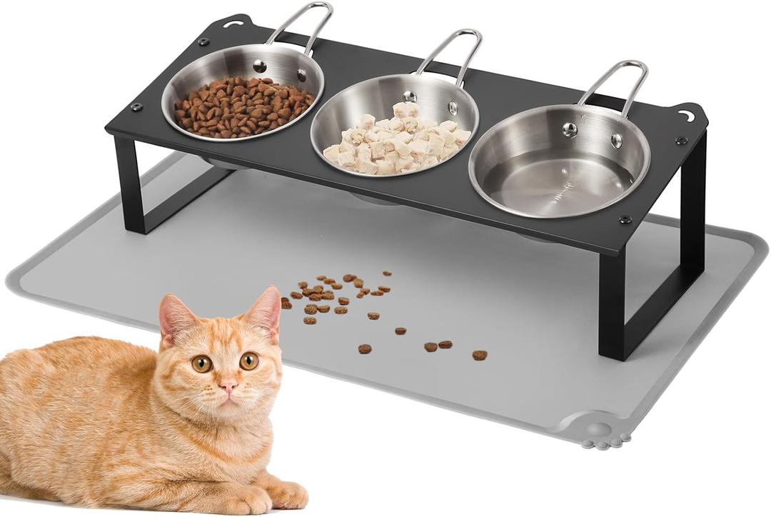 Elevated Cat Bowls with Food Mat, 10Tilted Non-Slip Raised Cat Food Water Bowls Set, 3 Thick Stainless Steel Pets Dishes with Handles to Indoor Kitten Puppy, Anti-Vomiting Cute Metal Feeding Stand
