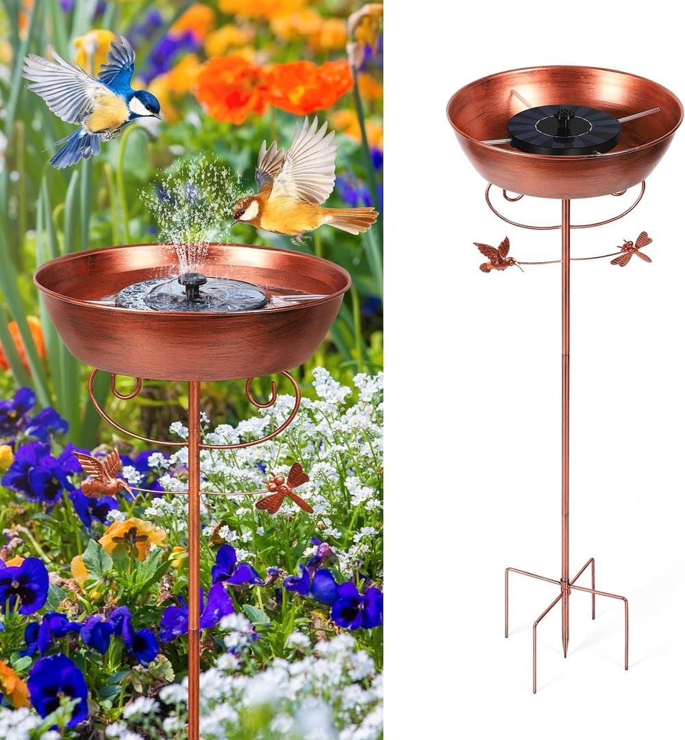 Bird Bath for Outside Solar Powered Fountain Birdbaths Freestanding Metal Bird Baths Feeder Bowl for Outdoor Birdbath Birdfeeder with Stake for Garden Patio Yard Lawn Decor, Bronze