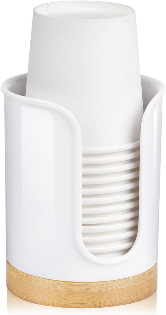 Bathroom Cup Dispenser - Small Cup Holder for Dixie 3 oz Bathroom Cups, Mouthwash Cups, 3 4 Ounce Cup Dispenser - PC/Bamboo, White, Pack of 1 (Fits most 3-4oz cups(cup top diameter  2.5inch), White/Bamboo/1Pack)