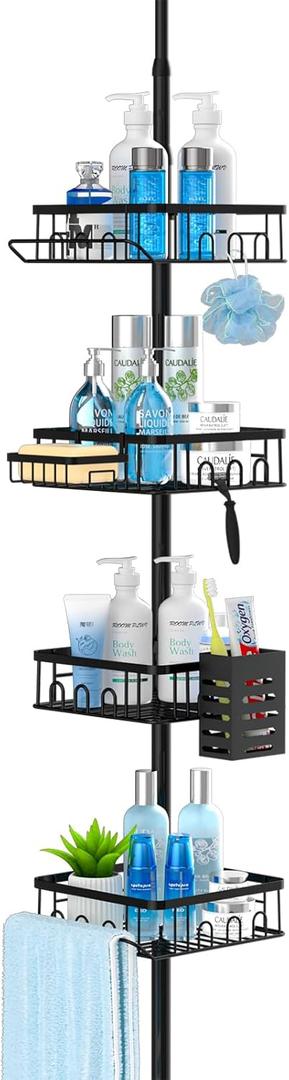 Corner Shower Caddy Tension Pole,Rustproof Shower Caddy Corner for Bathroom,Floor Standing Shower Organizer Corner with 4 Adjustable Tier Shelves for Bathtub Shampoo Storage,34 to 101 Inch (Black)