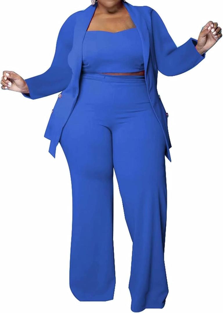 IyMoo Women's Plus Size 3 Piece Sets Outfit Tracksuit Crop Top Blazer Jacket and Wide Leg Long Pants Jumpsuit Romper Suits (4X-Large, Royal Blue)