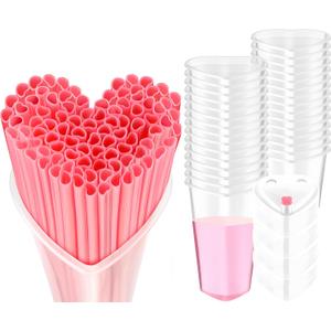 60 Sets Heart Shaped Plastic Cups with Straws 16 oz Disposable Cups with Lid and Straws for Valentines Birthday Wedding Anniversary Party Supplies (White and Pink)