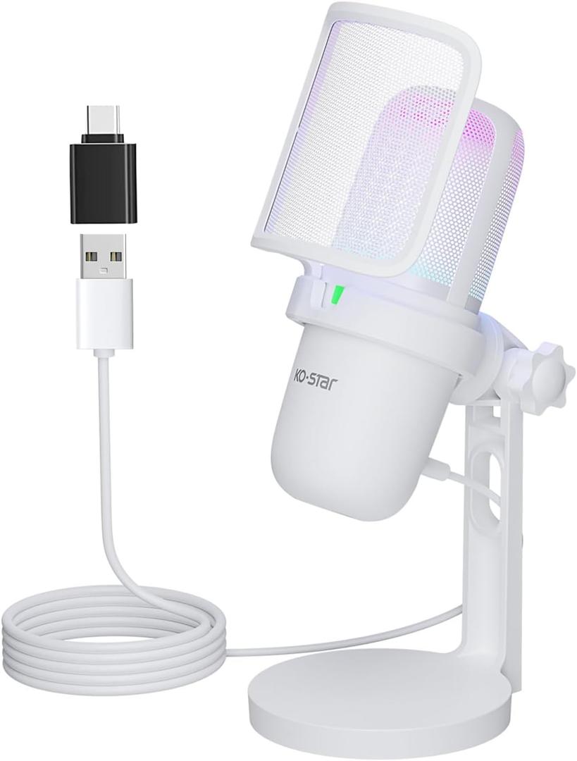 USB Microphone for PC,White Mini Mic for PS4/ PS5/ Mac,Computer Gaming Condenser with Quick Mute,RGB Streaming,Filter,Shock Mount,Recording Microphones for YouTube Titok, White