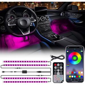 Xprite RGB LED Car Interior Bluetooth USB Light Strip, w/Wireless Remote and APP Control,4 PCS Under Dash Footwell Ambient Lights Kits, DIY Music Mode Universal for Vehicle Internal, SUV, Trucks
