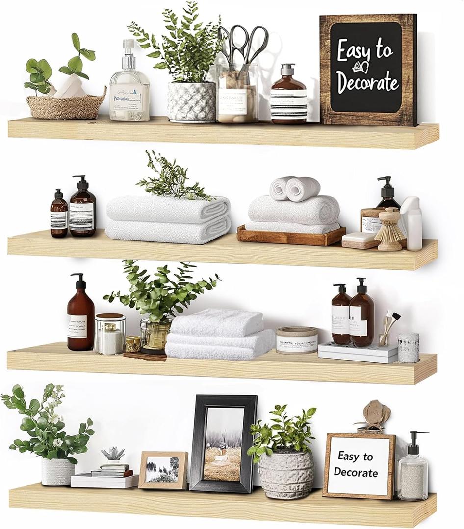 16x5.8x0.8in Floating Wall Shelves Rustic Solid Wood 4-Pack, Wood | Pine Wood, Easy To Install, Multi-Functional Storage, Living Room Bedroom Decor, Multi-Purpose Storage & Decor Design, 16"-Set of 4