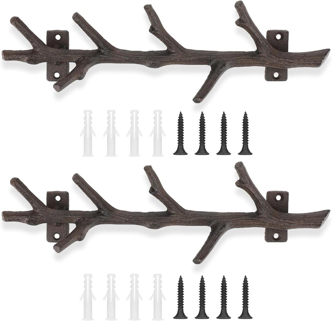 12" Cast Iron Tree Branch Vertical Coat Hat Rack Wall Mount Heavy Duty Decorative Coat Hook Rustic Hanger for Coats Bags Hats Key Entryway Bedroom Hallway Bathroom Storage (Rust Color,2 Pcs)
