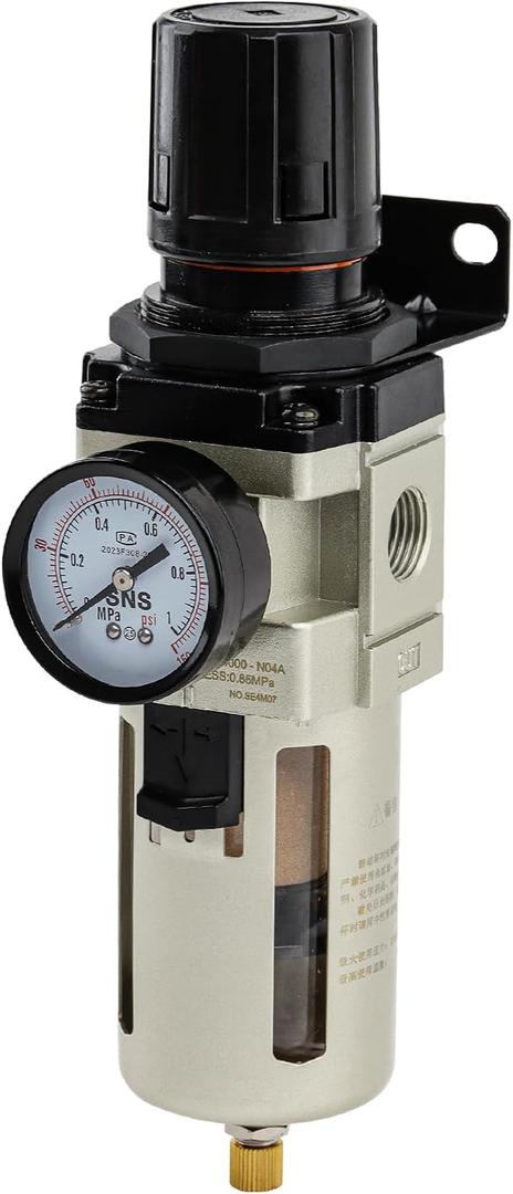 SNS 1/2NPT Compressed Air Filter Regulator Piggyback Combo, Semi-auto Drain, 5 Micron Brass Filter, Gauge and Bracket, Poly Bowl with Metal Guard AW4000-N04A