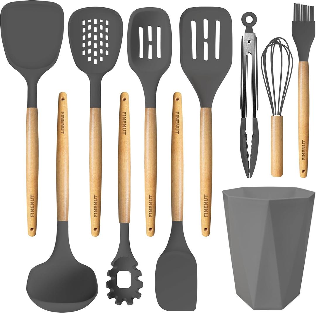 Silicone Cooking Utensils Set 11PCS - BPA-Free&Non-Toxic 446F Heat Resistant,Wooden Handle Kitchen Tools for Nonstick Cookware,Heat Resistant&Scratch-Proof Includes Spatula/Turner/Ladle(Gray)
