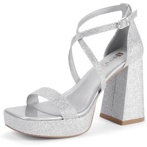 IDIFU IN4 Platform Heels for Women - High Strappy Chunky Block Square Toe Sexy Wedding Dress Shoes - Open Toe Ankle Strap Heeled Sandals - Comfortable Thick Heels - Half Size Larger (9, Silver Glitter)