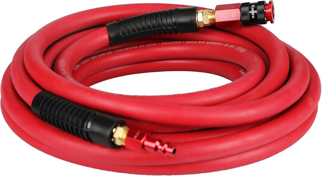 Keepro Rubber Air Hose, Durable Air Compressor Hose 3/8 Inch ID By 25 Feet Long with Swivel Universal Aluminium Quick Coupler and Plug, 300 PSI Maximum Pressure, Red