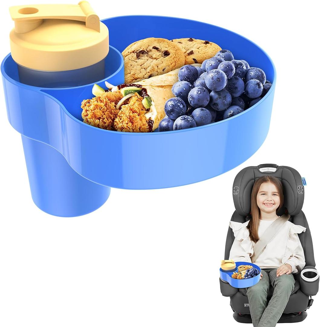 2PCS Resptasski Car Seat Cup Holder Snack Tray for Kids  Travel Tray for Car, Booster, Stroller, Outdoor Essentials Kit. Universal Adjustable Tray with Detachable Base for Snacks, Toys, Food (Blue)