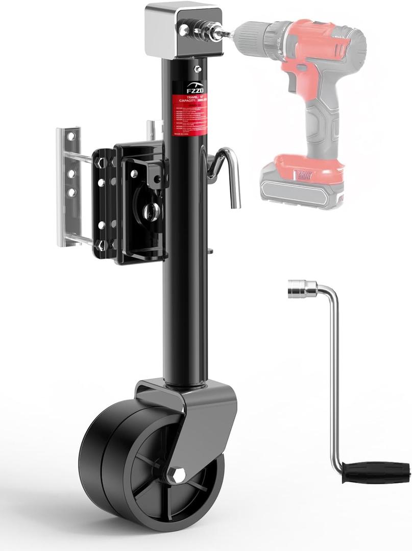 FZZD 2000lbs Trailer Jack with Dual Wheel, 20-24V Cordless Drill Compatible, 12" Lift, for RV BoatBlack