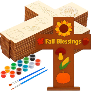 DoubleFill 12 Sets Religious Fall Blessing Wood Cross Craft to Paint for Kid Unfinished DIY Fall Cross Craft Kit for Painting Make Your Own Christian Thanksgiving Sunday School Church Classroom Autumn