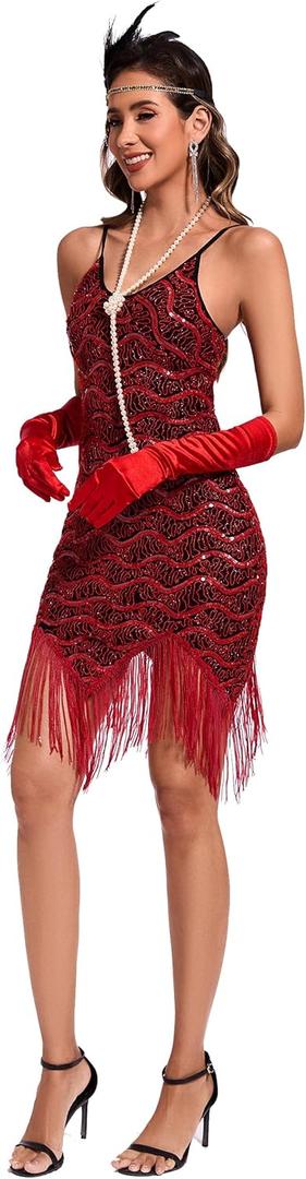 Women's 1920s Flapper Sequin Dress for Great Gatsby Theme Party Dress With Roaring 20s Accessories Set for Party (Medium, Red)