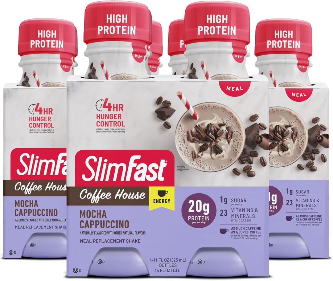 SlimFast Advanced Energy High Protein Meal Replacement Shake, Mocha Cappuccino, 20g of Ready to Drink Protein with Caffeine, 11 Fl. Oz Bottle, 4 Count (Pack of 3) (BBD 12/22/2025)