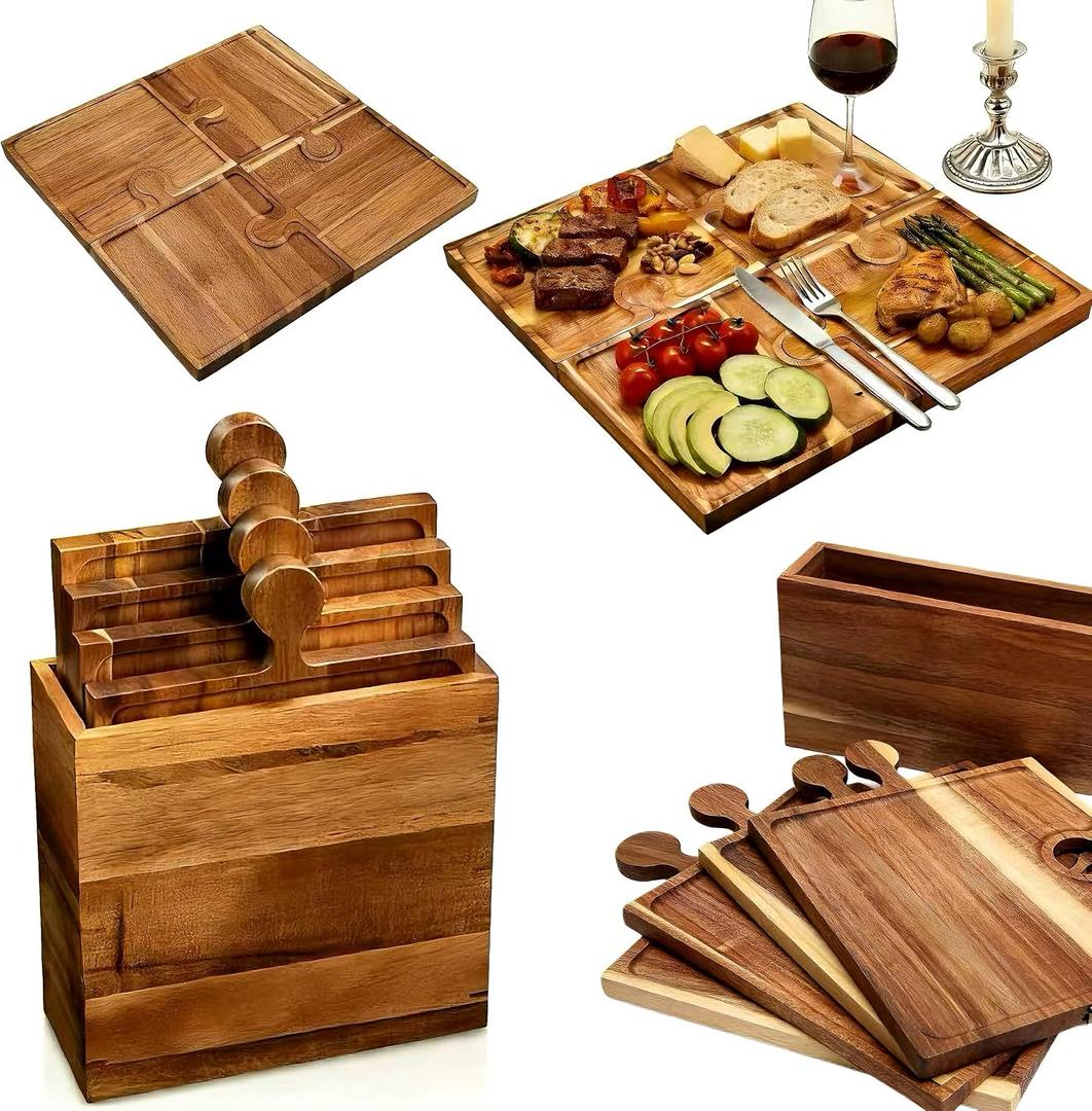 Acacia Wood Charcuterie Boards, Set of 4, Interlocking Serving Tray with Storage Box, Party Appetizer Tray with Handles, Ideal Wine Gifts & Accessories