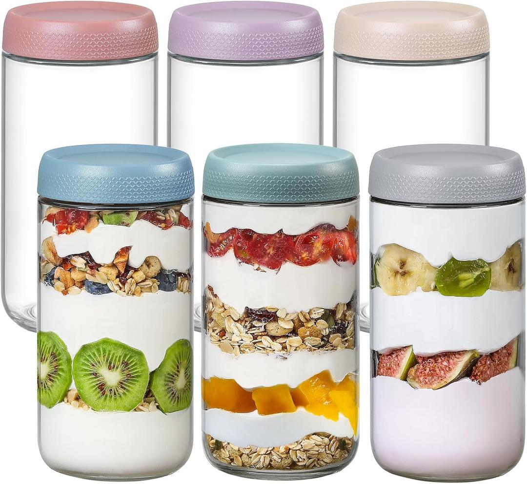 NETANY 6-pack 24oz Glass jars with Airtight Lids, Overnight Oats Containers with Lids, Wide mouth Mason Salad jars, Glass Food Storage Containers for Snacks Yogurt Spice Sugar